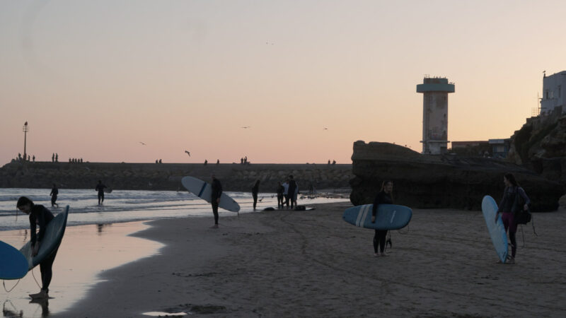 The bay imsouane beach at sunset looking out to the point where you paddle out into the waves